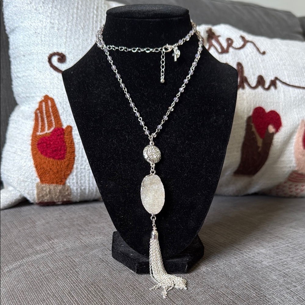 Natural stone signed JL Silver Necklace with Tassel
